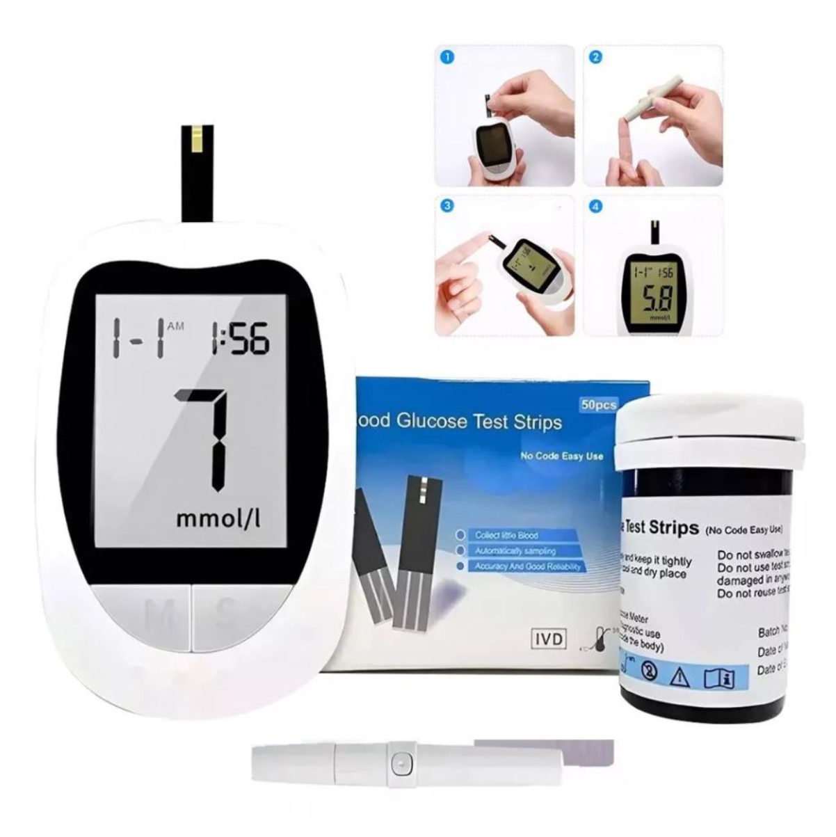 Kit Glucometro Tiras De Prueba Y Agujas